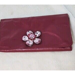 RED Leather Trifold Travel Jewelry Pouch Roll‎ Snap Case, Flower Brooch